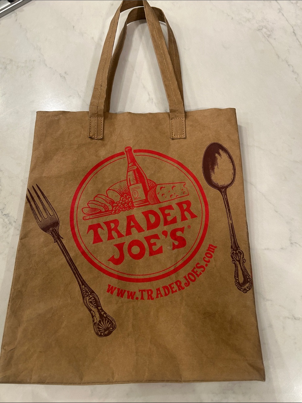 Trader Joe's Brown Reusable Washable Grocery Tote Bag with Red Logo